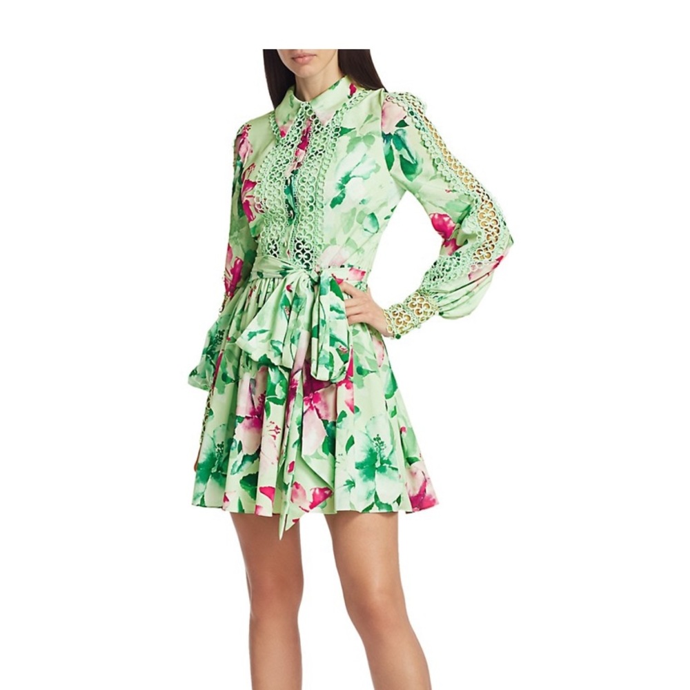 Badgley Mischka lace trimmed floral dress